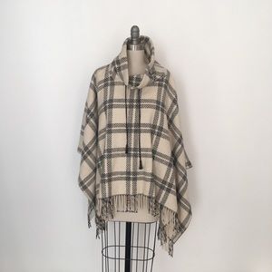Ann Taylor Cowl Neck Poncho Cream/Black w/ fringe